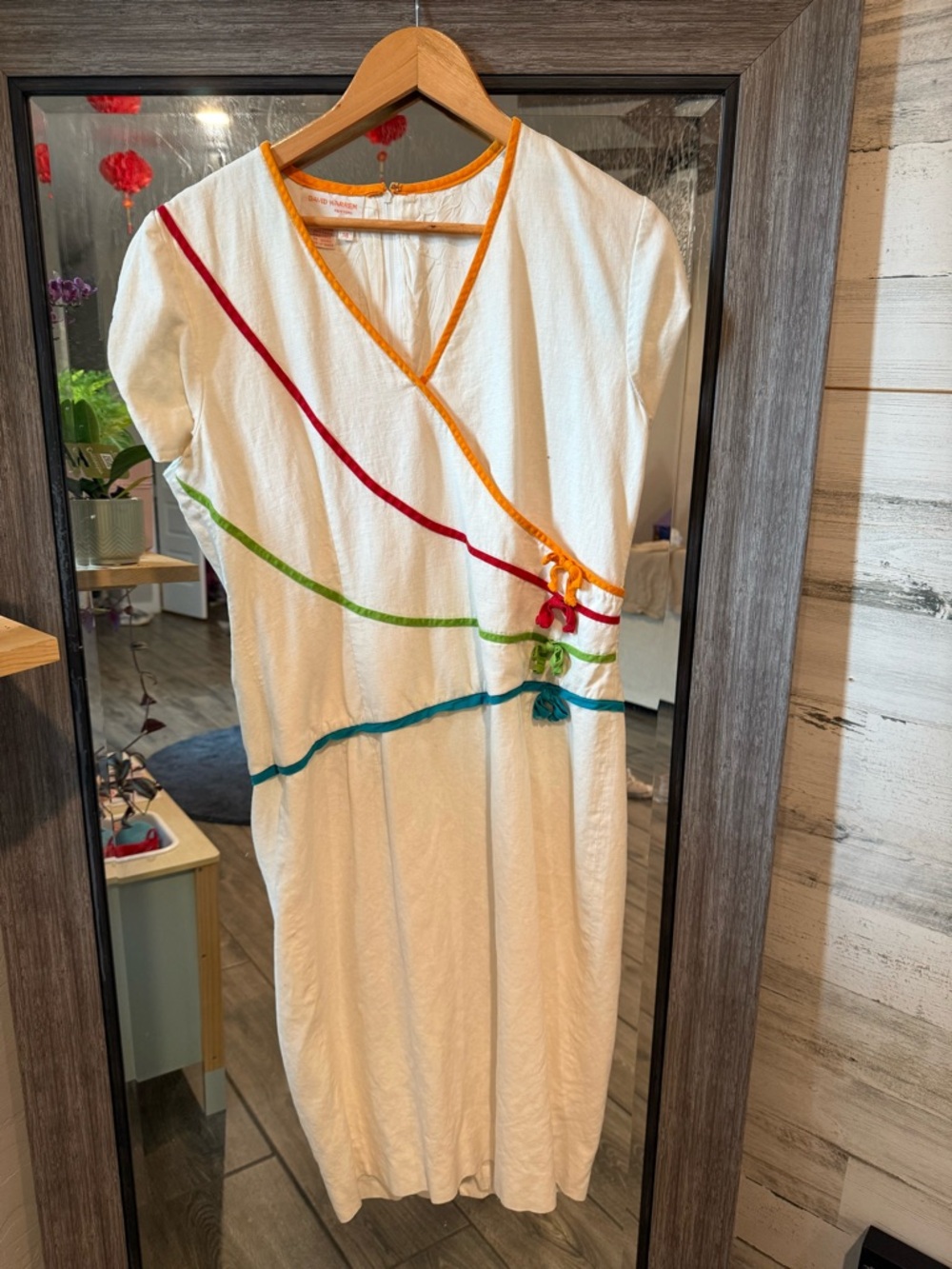 Vintage 1980s Women's White Midi Wrap Dress with Multicolor Trim